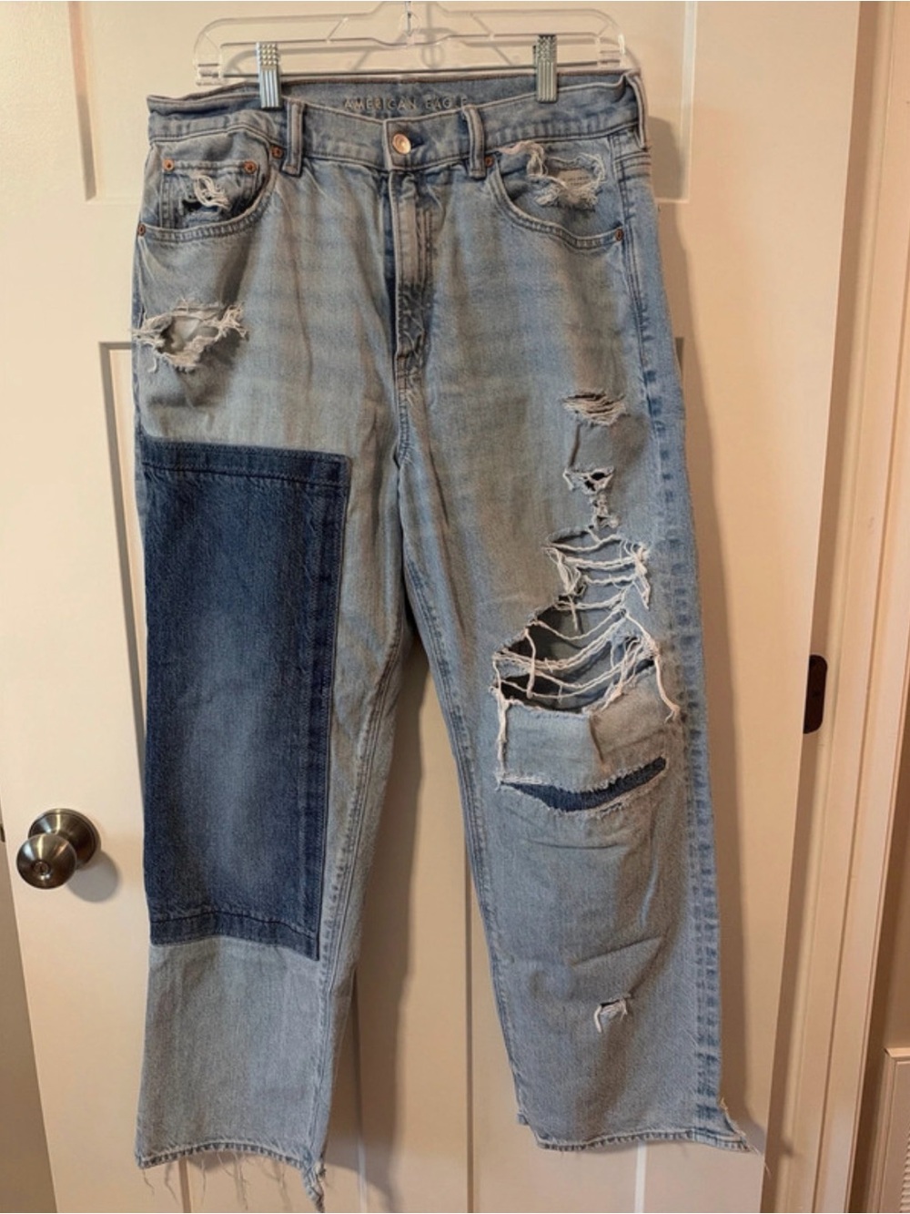 American Eagle Outfitters Light Blue Distressed Wide-Leg Jeans with Dark Patch